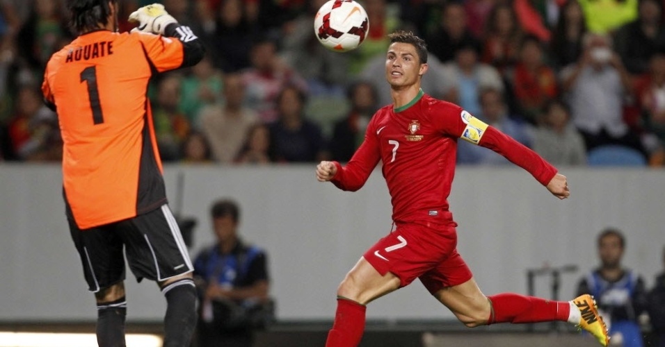 11.out.2013 - Cristano Ronaldo tenta encobrir o goleiro de Israel durante jogo de Portugal nas eliminatórias da Copa-14; partida terminou empatada por 1 a 1