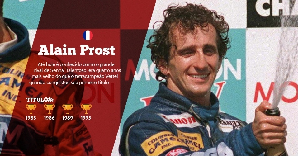 Alain Prost (França) - 4 títulos - 1985, 1986. 1989 e 1993 - Até hoje é conhecido como o grande rival de Senna. Talentoso, era quatro anos mais velho do que o tetracampeão Vettel quando conquistou seu primeiro título - AFP/J. Haynes
