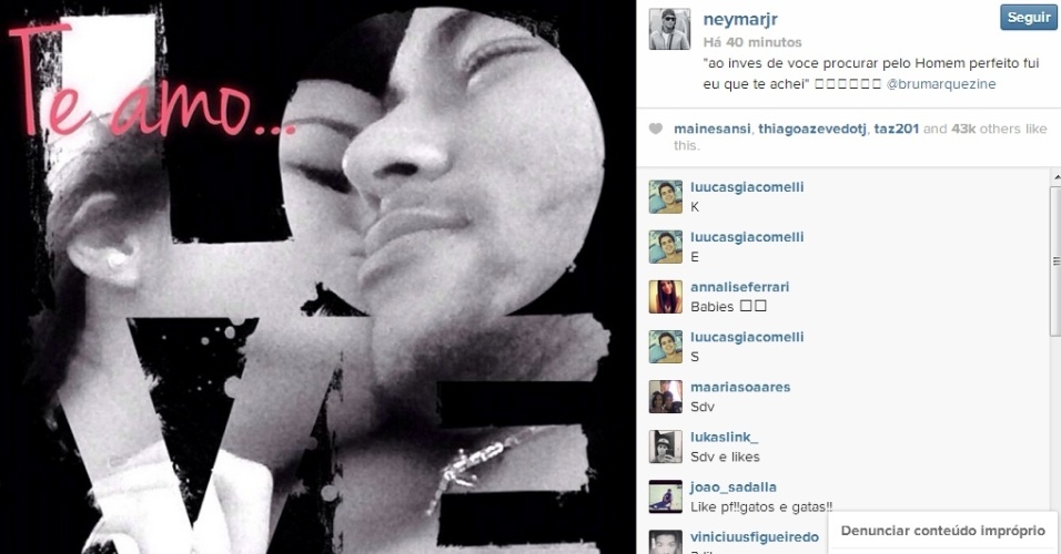 Neymar faz nova declaração de amor para Bruna Marquezine no Instagram