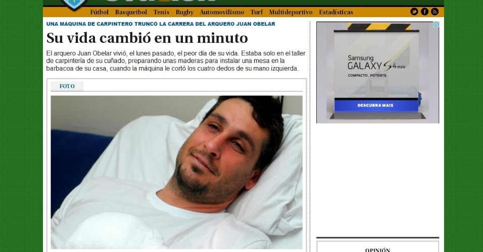 Goleiro Juan Obelar, que foi internado no Uruguai após perder quatro dedos da mão