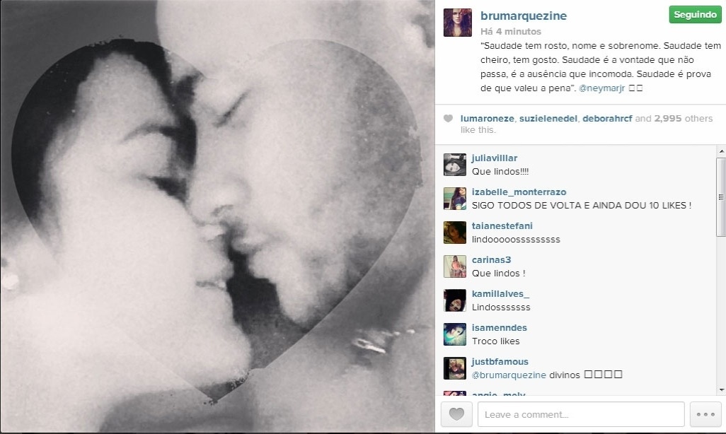 Bruna Marquezine se declara para Neymar: "Saudade tem rosto, nome e sobrenome. Saudade tem cheiro, tem gosto. Saudade é a vontade que não passa, é a ausência que incomoda. Saudade é prova de que valeu a pena" - Reprodução/Instagram
