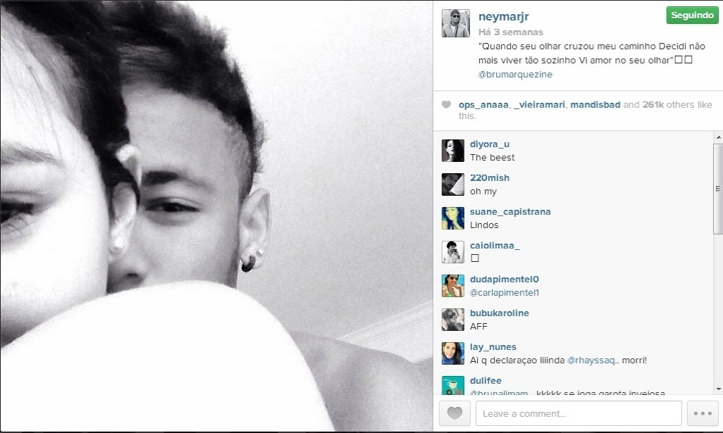 Neymar aparece abraçado com Bruna em foto e se declara: "Quando seu olhar cruzou meu caminho Decidi não mais viver tão sozinho Vi amor no seu olhar", falou - Reprodução/Instagram