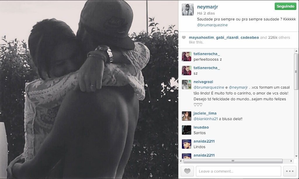 Neymar fala sobre saudade em foto abraçado com Bruna. "Saudade pra sempre ou pra sempre saudade", disse - Reprodução/Instagram