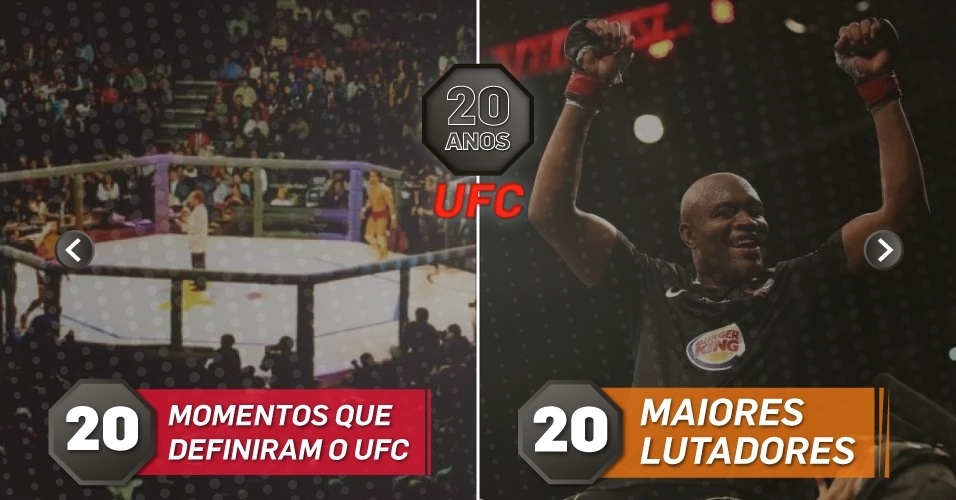 20 anos do UFC: para a esquerda, 20 momentos que moldaram o evento. Para a direita, os 20 maiores lutadores