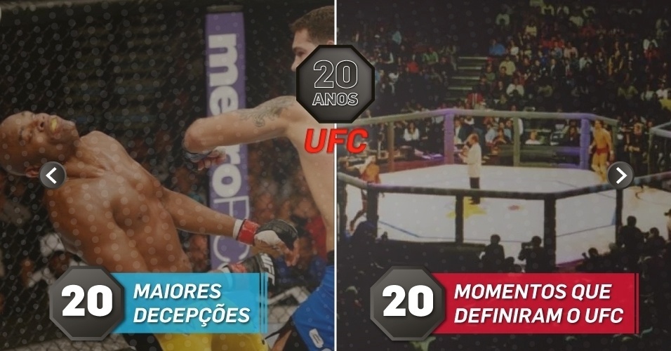 20 anos do UFC: para a esquerda, as 20 maiores decepções do evento. Para a direita, os 20 momentos que moldaram o evento