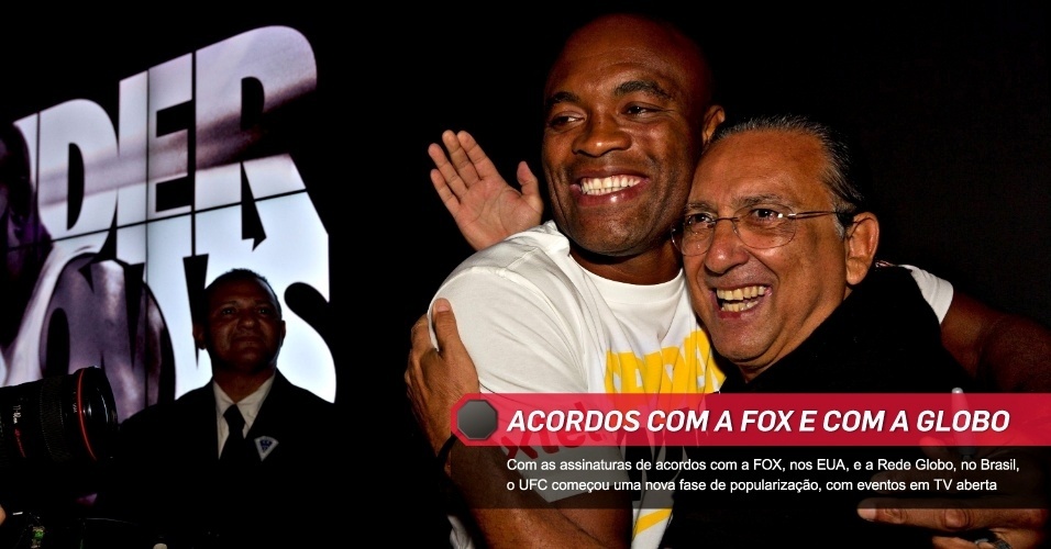 Acordos com a Fox e com a Globo: Com as assinaturas de acordos com a FOX, nos EUA, e a Rede Globo, no Brasil, o UFC começou uma nova fase de popularização, com eventos em TV aberta