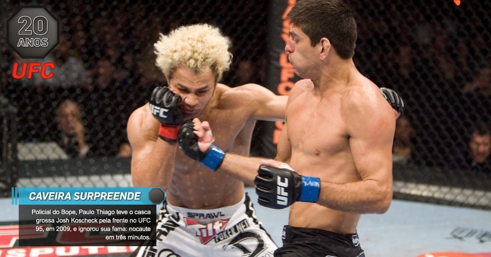 Caveira surpreende: Policial do Bope, Paulo Thiago teve o casca grossa Josh Koscheck pela frente no UFC 95, em 2009, e ignorou sua fama: nocaute em três minutos.