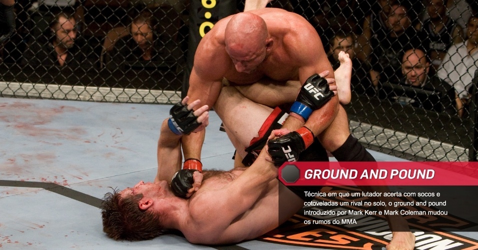 Ground and pound : Técnica em que um lutador acerta com socos e cotoveladas um rival no solo, o ground and pound introduzido por Mark Kerr e Mark Coleman mudou os rumos do MMA
