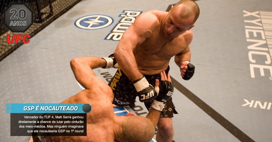 GSP é nocauteado: Vencedor do TUF 4, Matt Serra ganhou diretamente a chance de lutar pelo cinturão dos meio-médios. Mas ninguém imaginava que ele nocautearia GSP no 1º round