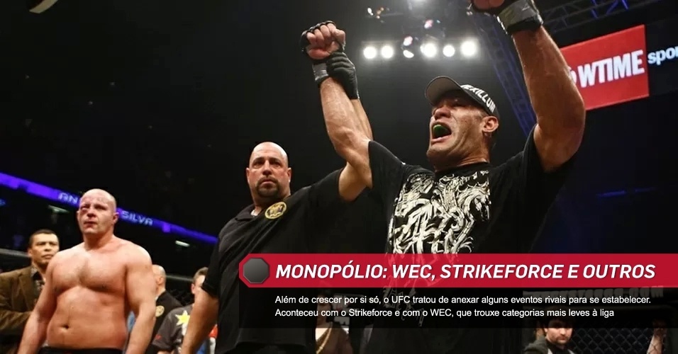 Monopólio: WEC, Strikeforce e outros: Além de crescer por si só, o UFC tratou de anexar alguns eventos rivais para se estabelecer. Aconteceu com o Strikeforce e com o WEC, que trouxe categorias mais leves à liga