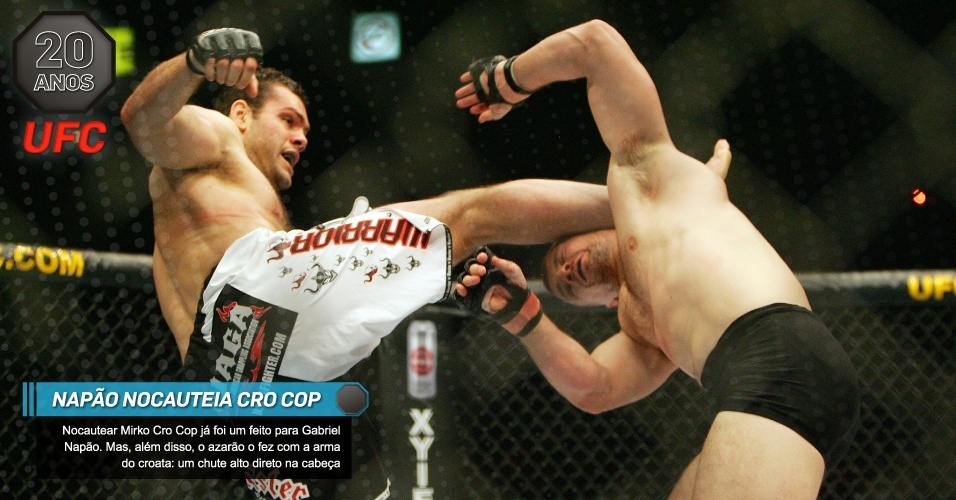 Napão nocauteia Cro Cop: Nocautear Mirko Cro Cop já foi um feito para Gabriel Napão. Mas, além disso, o azarão o fez com a arma do croata: um chute alto direto na cabeça