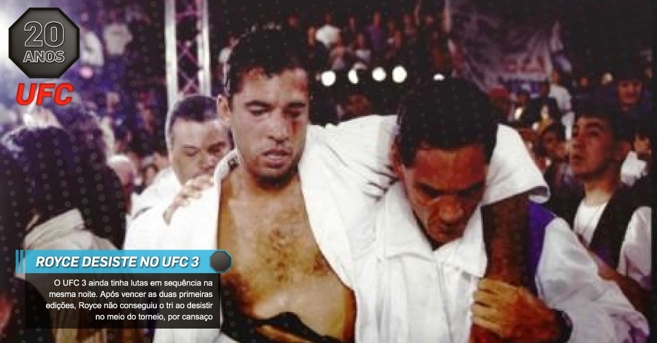 Royce desiste no UFC 3:  O UFC 3 ainda tinha lutas em sequência na mesma noite. Após vencer as duas primeiras edições, Royce não conseguiu o tri ao desistir no meio do torneio, por cansaço