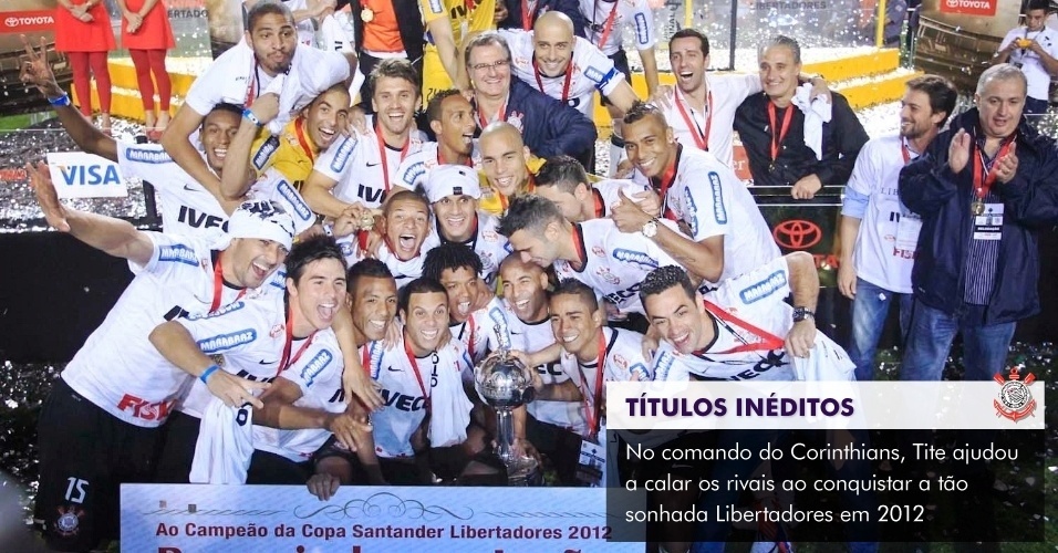 Jogadores corintianos comemoram título inédito da Libertadores em 2012 - Arte UOL