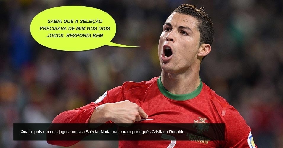19.nov.2013 - Cristiano Ronaldo marcou os três gols de Portugal na vitória por 3 a 2 sobre a Suécia