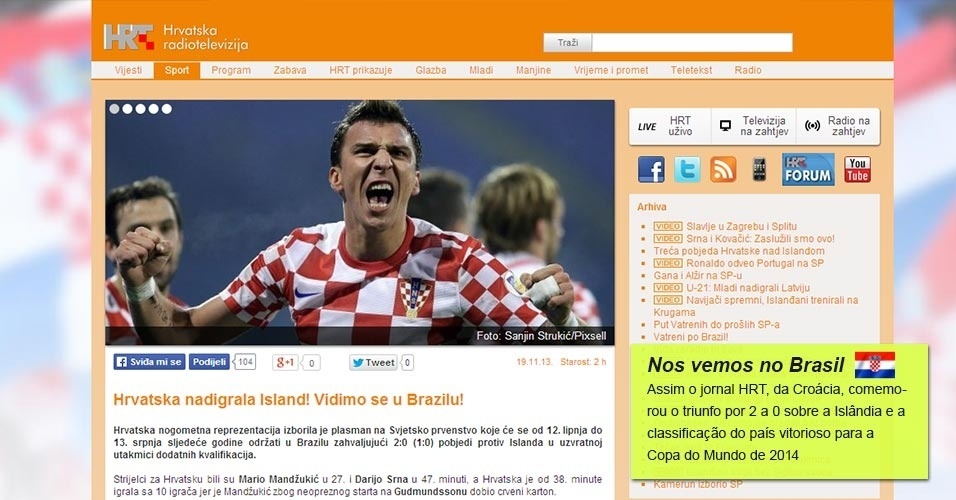 "Nos vemos no Brasil": Assim o jornal HRT, da Croácia, comemorou o triunfo por 2 a 0 sobre a Islândia