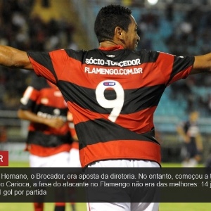26.nov.2013 - Substituto de Vagner Love, Hernane, o Brocador, era aposta da diretoria. No entanto, começou a temporada sob desconfiança. Até o início do Carioca, a fase do atacante no Flamengo não era das melhores: 14 jogos e 3 gols, o que resultava em média de 0,21 gols por partida - Divulgação/Fla Imagem