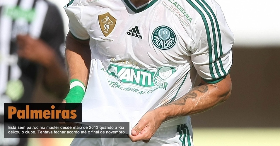 Palmeiras - Está sem patrocínio master desde maio de 2013 quando a Kia deixou o clube. Tentava fechar acordo até o final de novembro. - Cesar Greco / Fotoarena