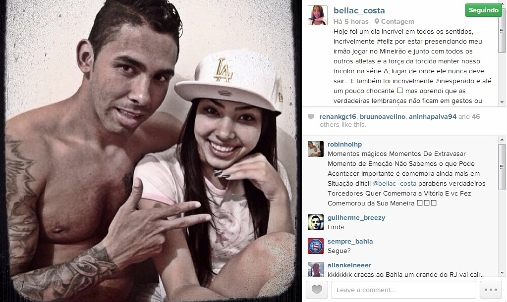 A mineira Isabella Costa ganhou fama após a partida entre Bahia e Cruzeiro, neste domingo, no mineirão. Irmã do zagueiro Demerson, do Bahia, ela se exaltou na comemoração e acabou mostrando o sutiã - Reprodução/Instagram
