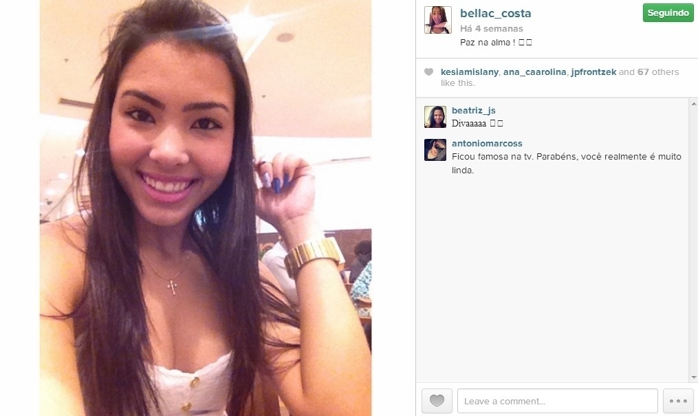 Isabella Costa cita o irmão Demerson, zagueiro do Bahia, constantemente no Twitter. Ela teve a chance de assistir ao irmão no Mineirão, neste domingo, na vitória contra o Cruzeiro - Reprodução/Instagram