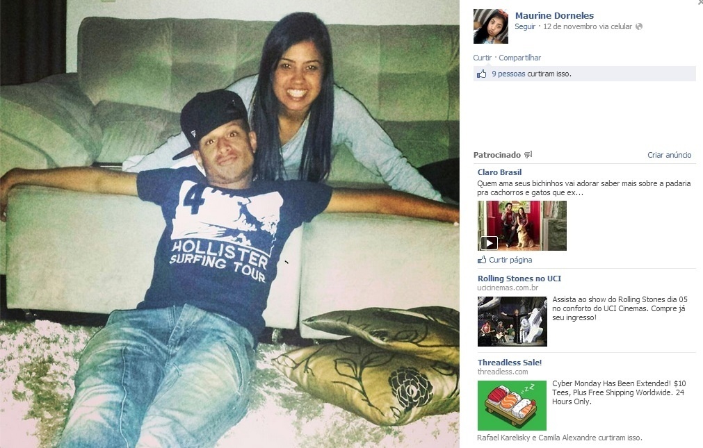 Maurine e Lucas Surcin, filho do ídolo corintiano Marcelinho Carioca, posam juntos e mostram o clima de romance; casal está namorando e faz juras de amor nas redes sociais - Reprodução/Facebook