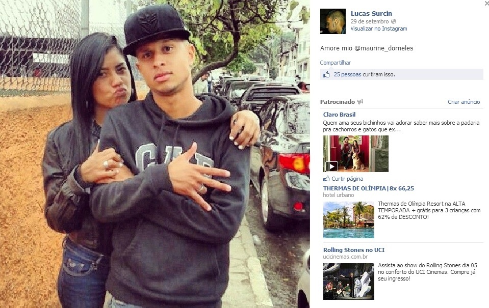 Maurine e Lucas Surcin, filho do ídolo corintiano Marcelinho Carioca, posam juntos e mostram o clima de romance; casal está namorando e faz juras de amor nas redes sociais - Reprodução/Facebook