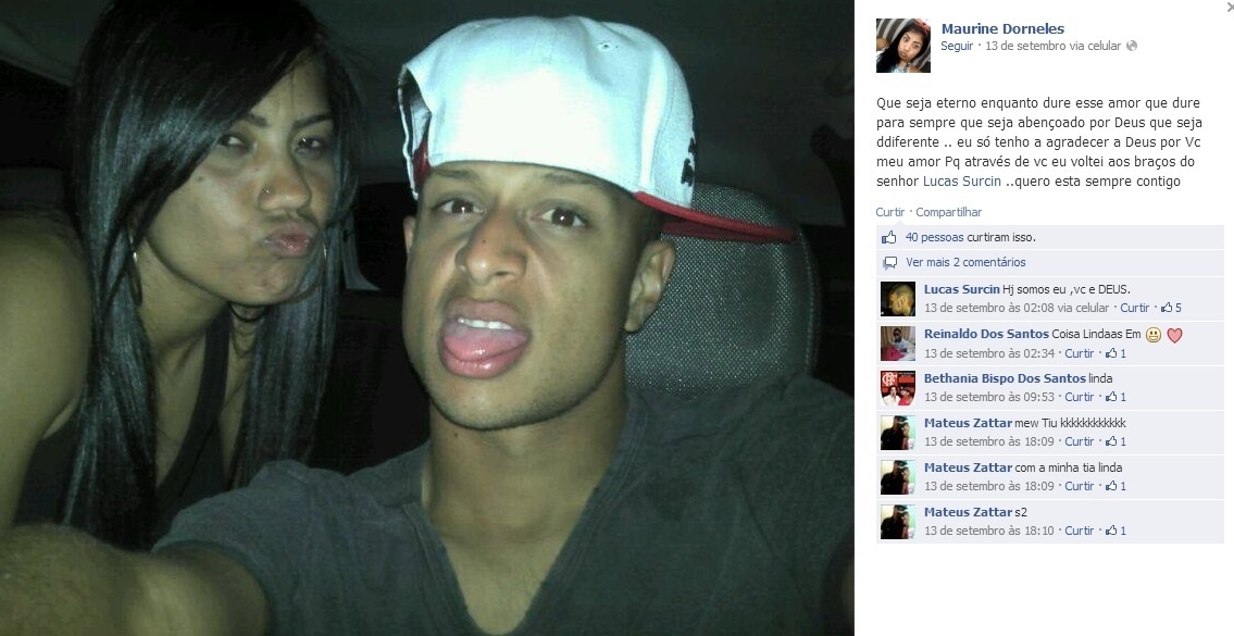 Maurine e Lucas Surcin, filho do ídolo corintiano Marcelinho Carioca, posam juntos e mostram o clima de romance; casal está namorando e faz juras de amor nas redes sociais - Reprodução/Facebook