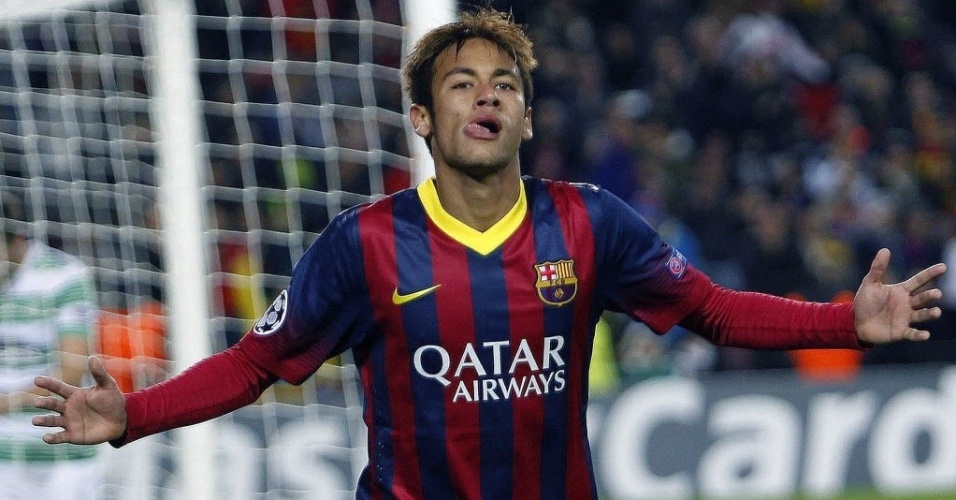 11.dez.2013 - Neymar comemora após marcar um dos seus três gols na vitória por 6 a 1 do Barcelona sobre o Celtic, pela Liga dos Campeões