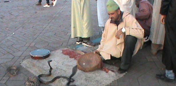 Encantador de serpente se comunica com as cobras na praça Jemaa el Fna, no centro de Marrakech - Luiza Oliveira/UOL