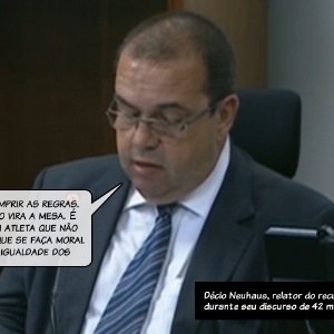 27.dez.2013 - Décio Neuhaus, relator do recurso da Portuguesa, durante seu discurso de 42 minutos. "Virada de mesa seria não cumprir as regras. Quem cumpre as normas não vira a mesa. É moral um time jogar com um atleta que não deveria ser escalado? Para que se faça moral no esporte, temos que ter igualdade dos participantes da disputa? - Reprodução
