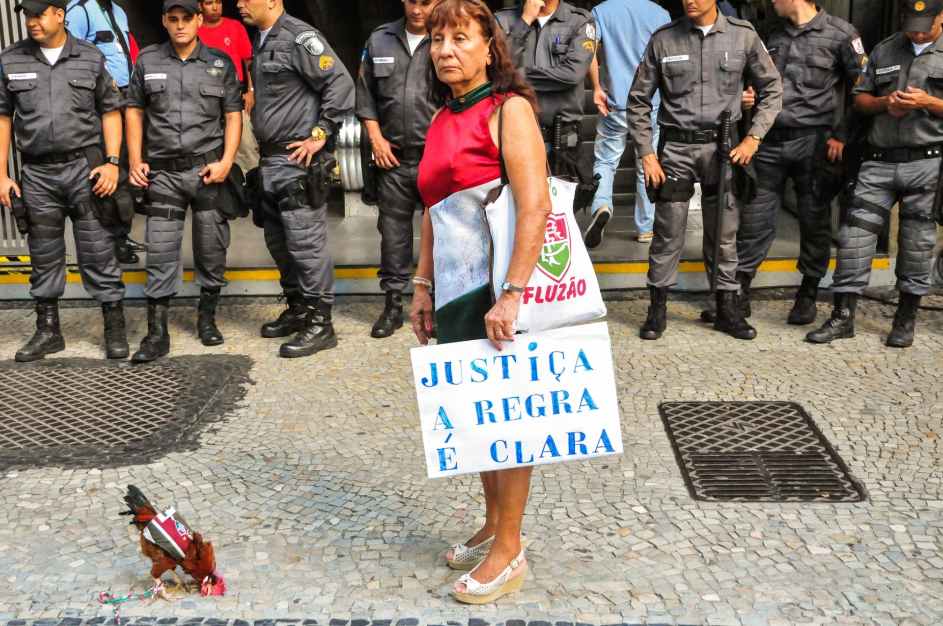27.dez.2013 - Torcedora do Fluminense leva cartaz pedindo cumprimento do regulamento no julgamento da Portuguesa no STJD - Márcio Moraes/Agência Estado