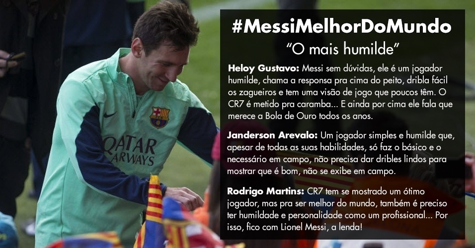 Messi, "o mais humilde". Janderson Arevalo: "Um jogador simples e humilde que, apesar de todas as suas habilidades, só faz o básico e o necessário em campo, não precisa dar dribles lindos para mostrar que é bom, não se exibe em campo". - Alejandro Garcia/EFE