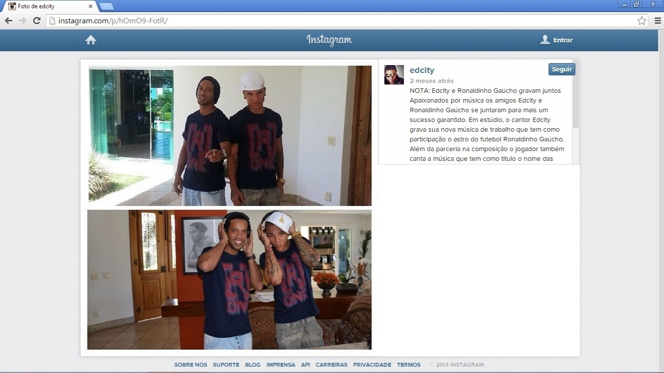 27 jan 2014 - Ronaldinho Gaúcho e o parceiro Edcity, que gravaram um clipe que em 20 horas teve 400 mil acessos no Youtube