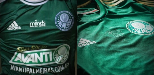 Compare as camisas: logo do centenário (dir.) vai roubar o lugar do atual patrocínio (esq.) - Silva Junior/ Folhapress/Divulgação