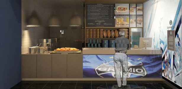 Layout da loja de fast food do Grêmio em praças de alimentação; ideia é ter cinco ainda neste ano - Divulgação