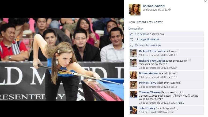 Borana Andoni conta que a paixão pela matemática a ajudou a apreciar a sinuca. "Eu amo ângulos" - Reprodução/Facebook