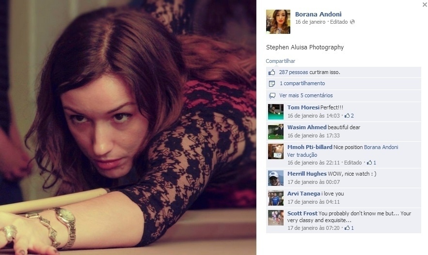 Borana Andoni conta que a paixão pela matemática a ajudou a apreciar a sinuca. "Eu amo ângulos" - Reprodução/Facebook
