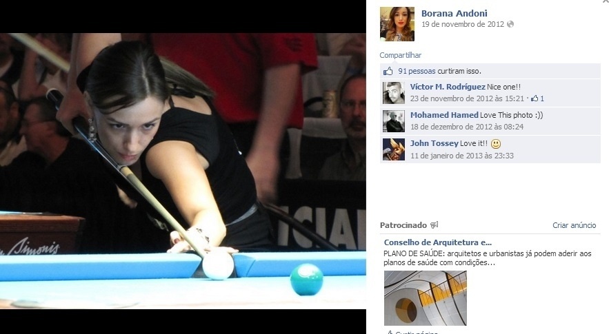 Borana Andoni nasceu na Albânia, mas foi criada nos Estados Unidos, em meio à música - é pianista - e aos números - por amar matemática. Ao chegar à faculdade, conheceu a sinuca e sua vida mudou - Reprodução/Facebook