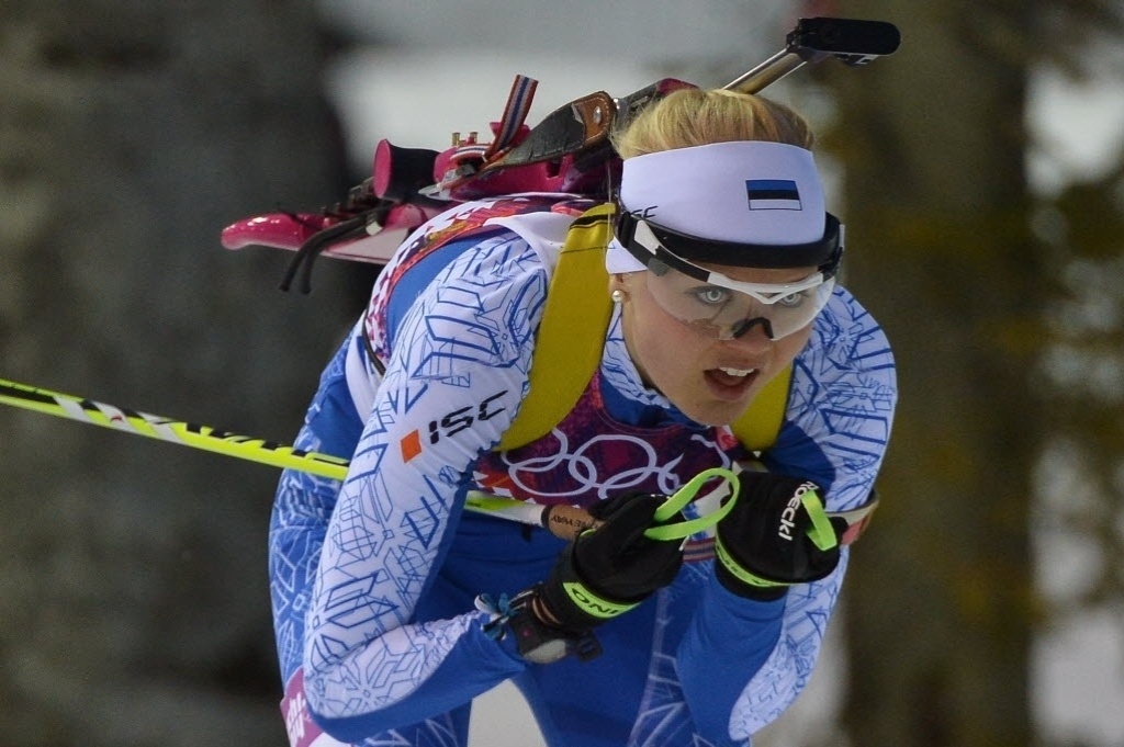 A competidora do biatlo Grete Gaim se destacou pelas lentes de contato, mas foi só 71ª na prova de 7,5 km - AFP