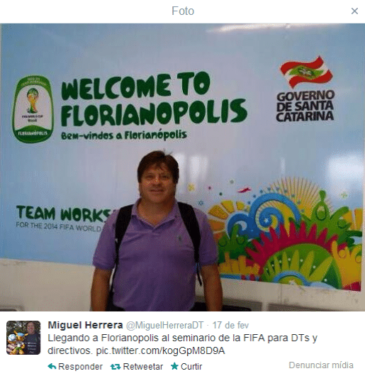Herrera tirou foto e tuitou, pagando de turista ao chegar para congresso técnico no Brasil