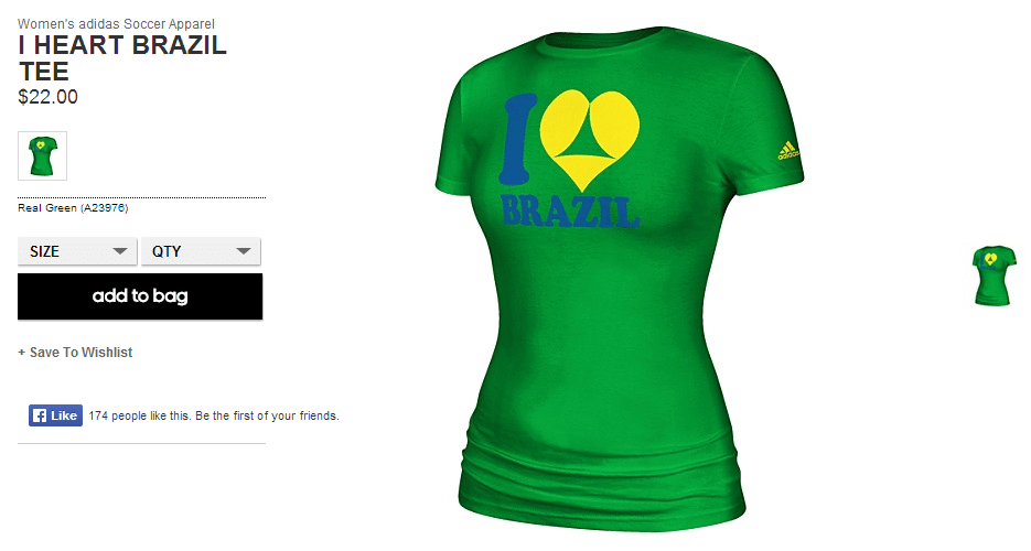 A Adidas lançou duas camisetas relacionadas à Copa no Brasil que têm gerado polêmica. Uma delas mostra um coração em "Eu amo Brasil" que é representado como um bumbum de biquíni. A conotação sexual fez a Embratur protestar contra o produto