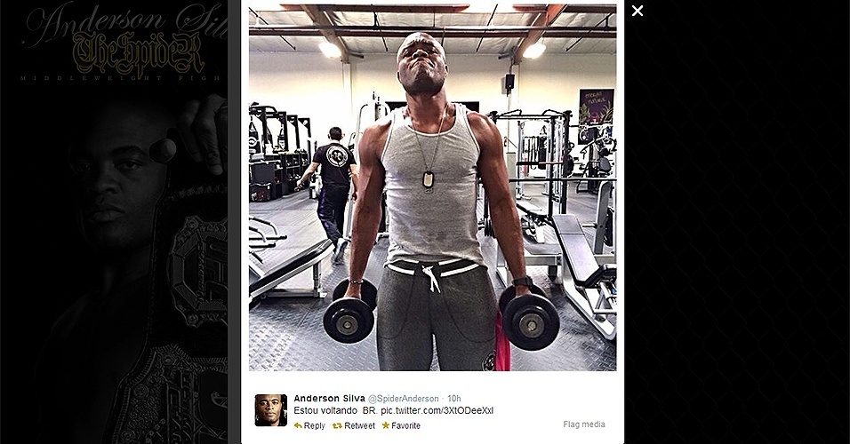 Anderson Silva posta foto de treino pesado de musculação em sua academia nos Estados Unidos. Ele ainda não está fazendo trabalho de luta, mas menos de dois meses depois da fratura, ele já anda sem muletas e quase sem mancar.