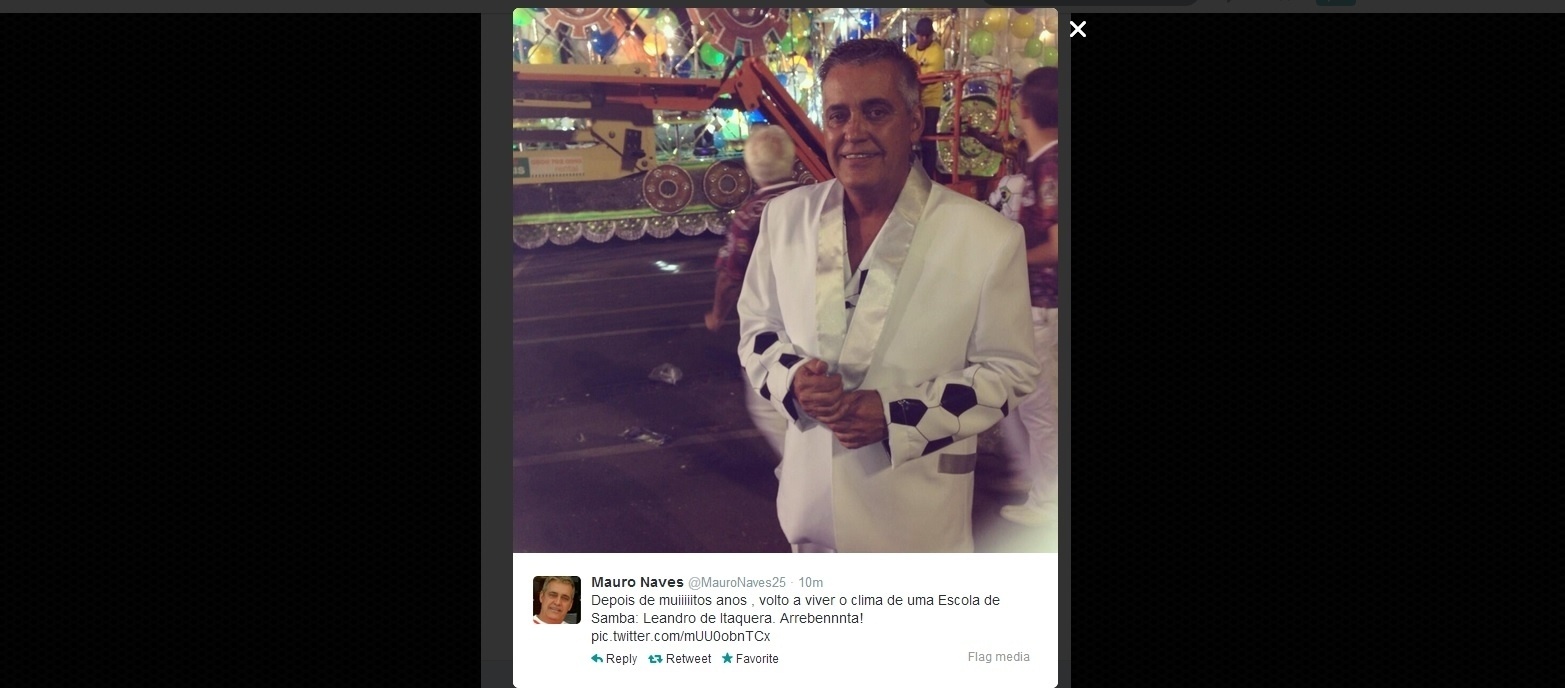 O repórter da TV Globo, Mauro Neves, se prepara para desfilar pela Leandro de Itaquera no Carnaval em São Paulo - Reprodução/Twitter