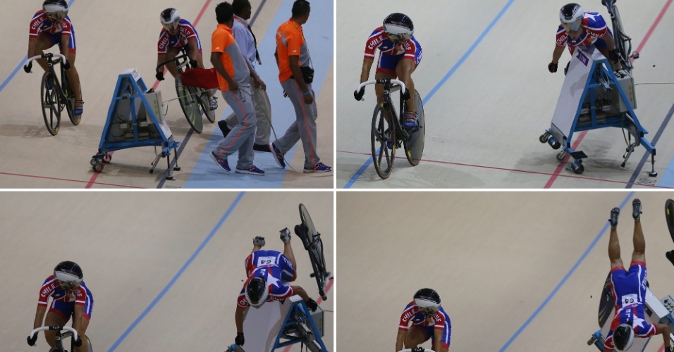 12.03.14 - Sequência de fotos mostra a queda da ciclista chilena Irene Aravena, que se chocou com um partidor durante prova dos Jogos Sul-Americanos 