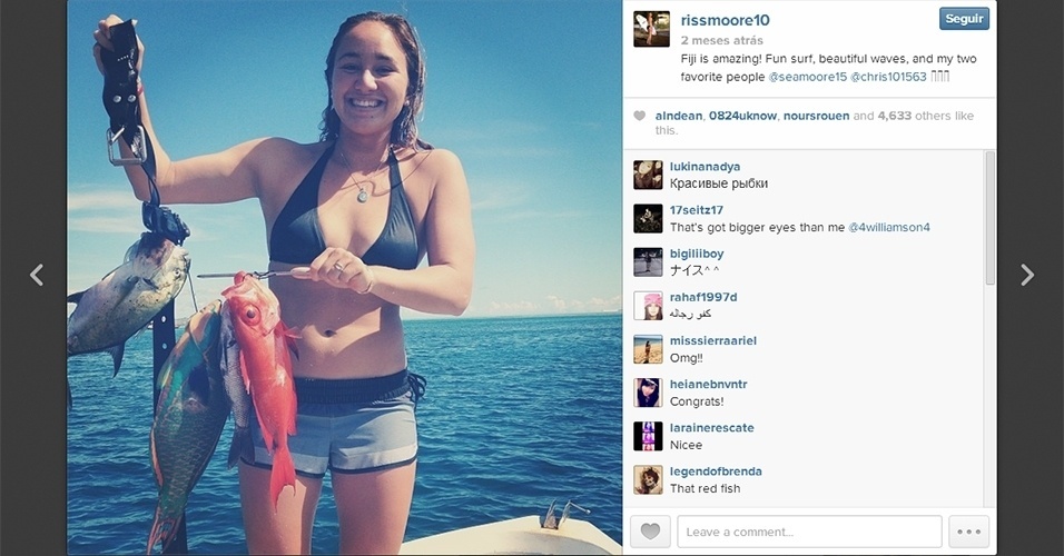 A bela Carissa Moore, natural do Havaí, terminou o ranking da ASP de 2013 na primeira posição; no Instagram, ela tem mais de 50 mil seguidores