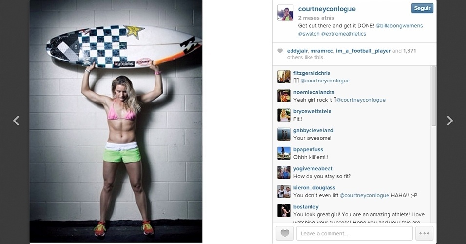A norte-americana Courtney Conlogue ficou na quarta posição do ranking da ASP em 2013; no Instagram, a bela surfista tem mais de 40 mil seguidores