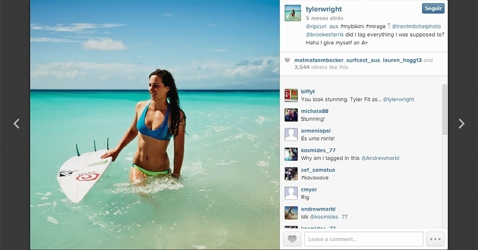 A surfista australiana Tyler Wright, de 19 anos, tem mais de 30 mil seguidores no Instagram