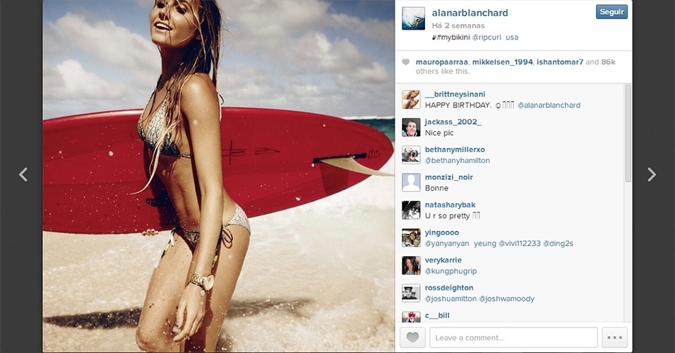 Alana Blanchard, natural do Havaí, tem mais de 800 mil seguidores no Instagram e esbanja sensualidade em suas fotos