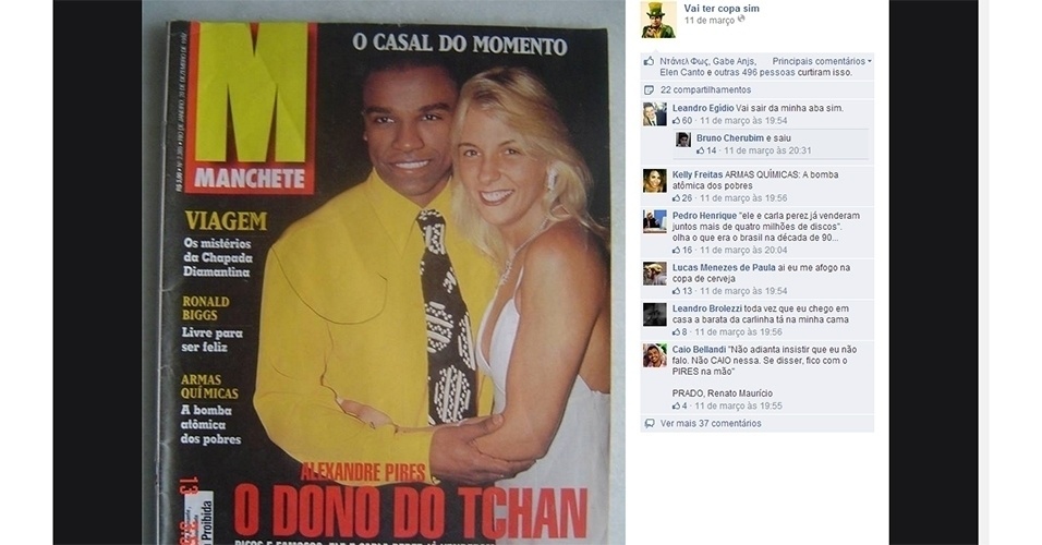 Alexandre Pires e Carla Perez, o 'casal do momento' pela revista Manchete, foram ironizados pela página "Vai ter Copa"