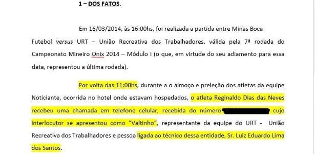 Documento enviado pelo Minas Boca ao TJD-MG denunciando tentativa de suborno - Divulgação/ Diretoria Minas Boca