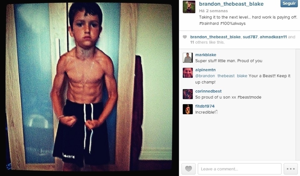 Na internet, as fotos do garotinho fortão causaram críticas de quem considera que ele não deveria se exercitar desta forma tão cedo - Reprodução/Instagram